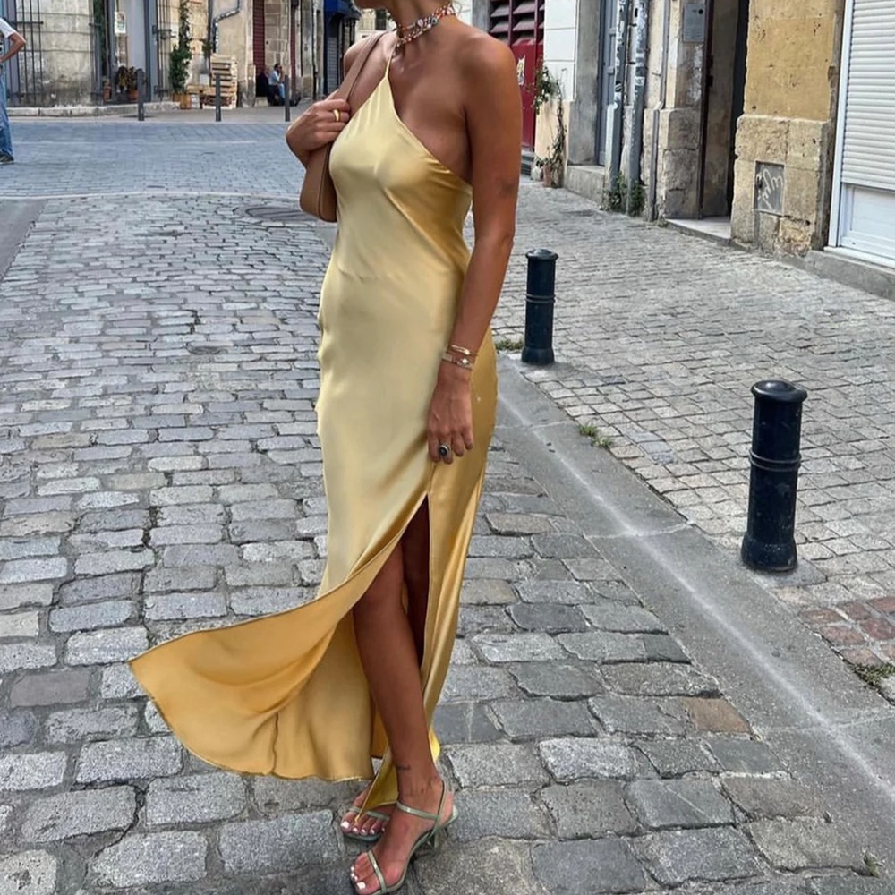 Moonlight Open Back Satin Slit Long Dress